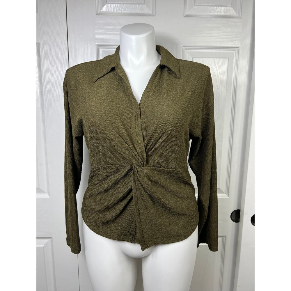 Madewell Dark Green Twisted Front Collared Long Sleeve Top - Picture 2 of 10